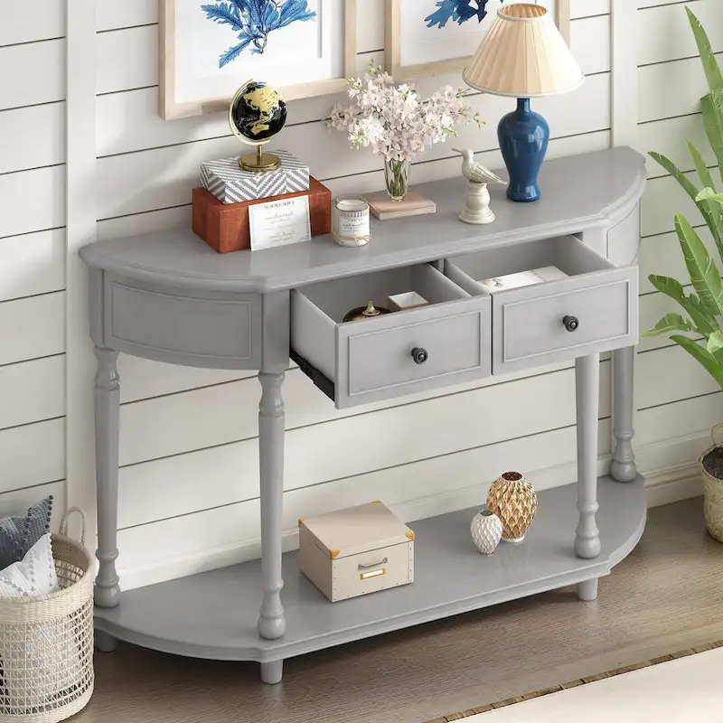 Nestfair Retro Wooden Console Table with Open Shelf Two Drawers