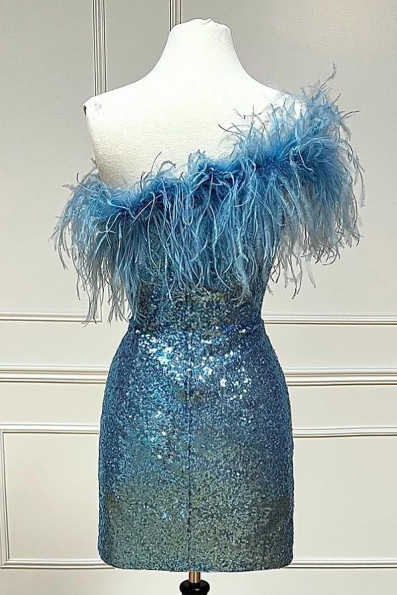 Light Blue Sparkly Tight Sequins Mini Party Dresses with Feathers