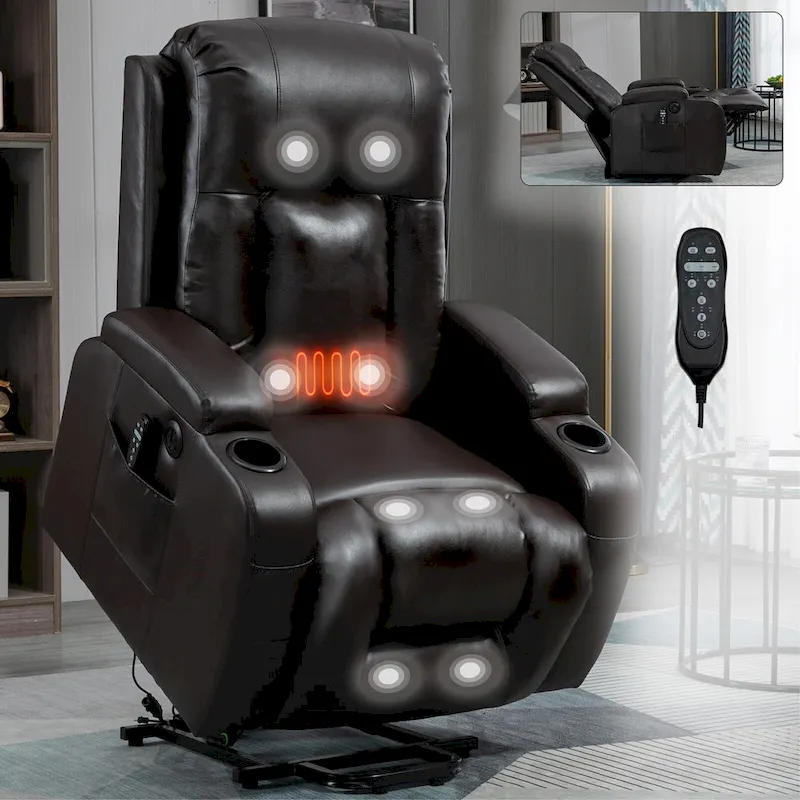 Power Lift Recliner with Massage, Heat and Cup Holders – Black / Brown, Single