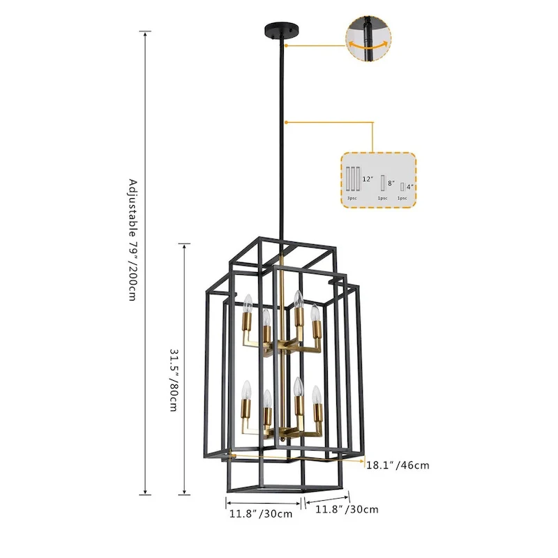 Black 8-Light Industrial Rectangle Iron Frame Pendant