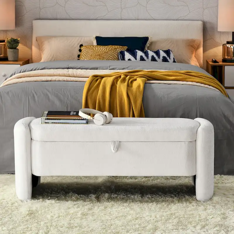 Cream White/Orange Chenille Oval Storage Ottoman with Eucalyptus Wood Frame