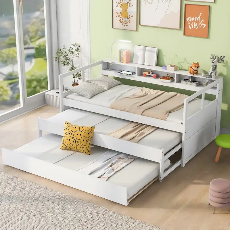 Twin XL Wood Daybed with 2 Trundles and USB Charging Design