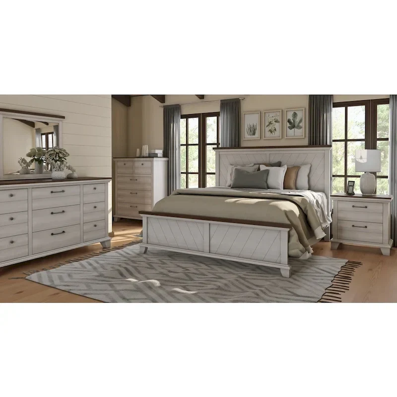 Rustic Ivory & Honey 4-Piece Bedroom Set – Queen/King, 2-Tone Distressed Wood