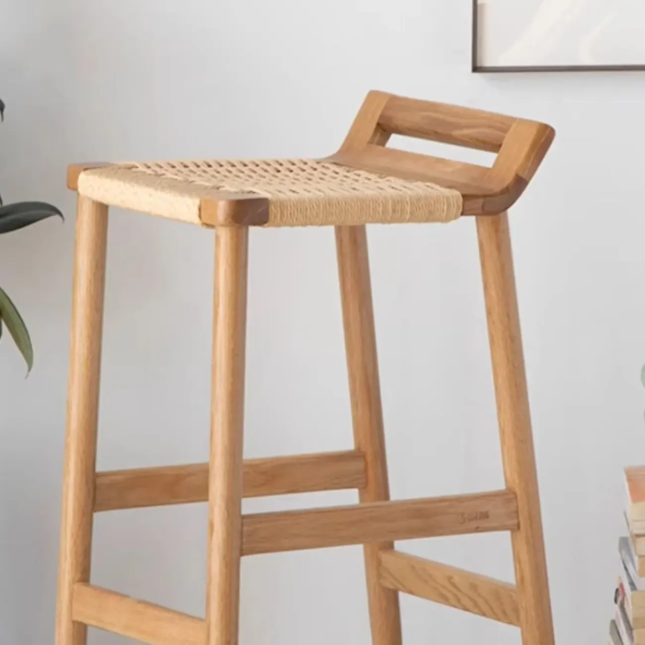 Natural Wood Backless Woven Seat Counter Height Bar Stool