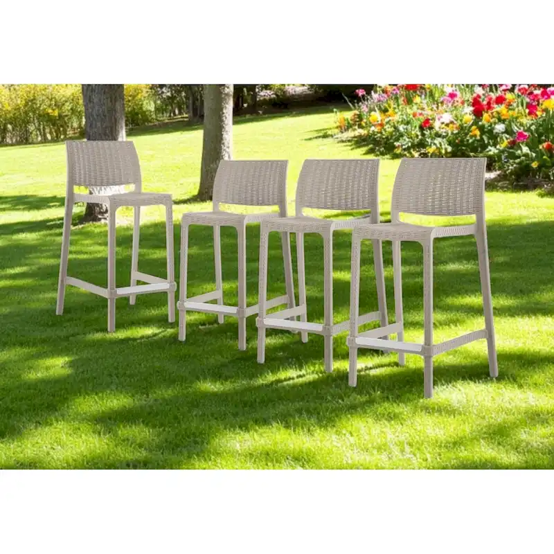 HomeRoots Set of Four 26  Taupe Faux Rattan Heavy Duty Plastic Low Back Outdoor Counter Height Bar Chairs