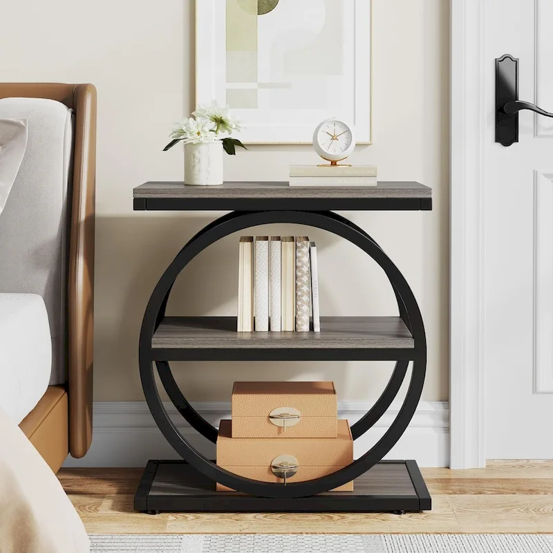 Industrial 3-Shelf Narrow End Table – Brown / Grey / Oak / Yellow