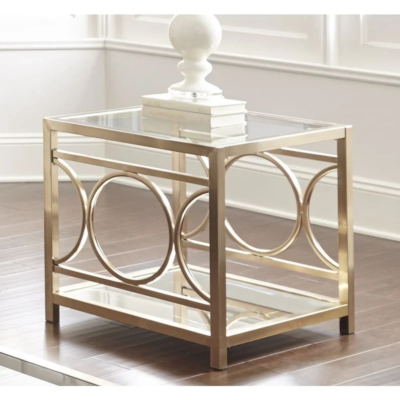 Modern Tempered Glass and Gold Metal End Table