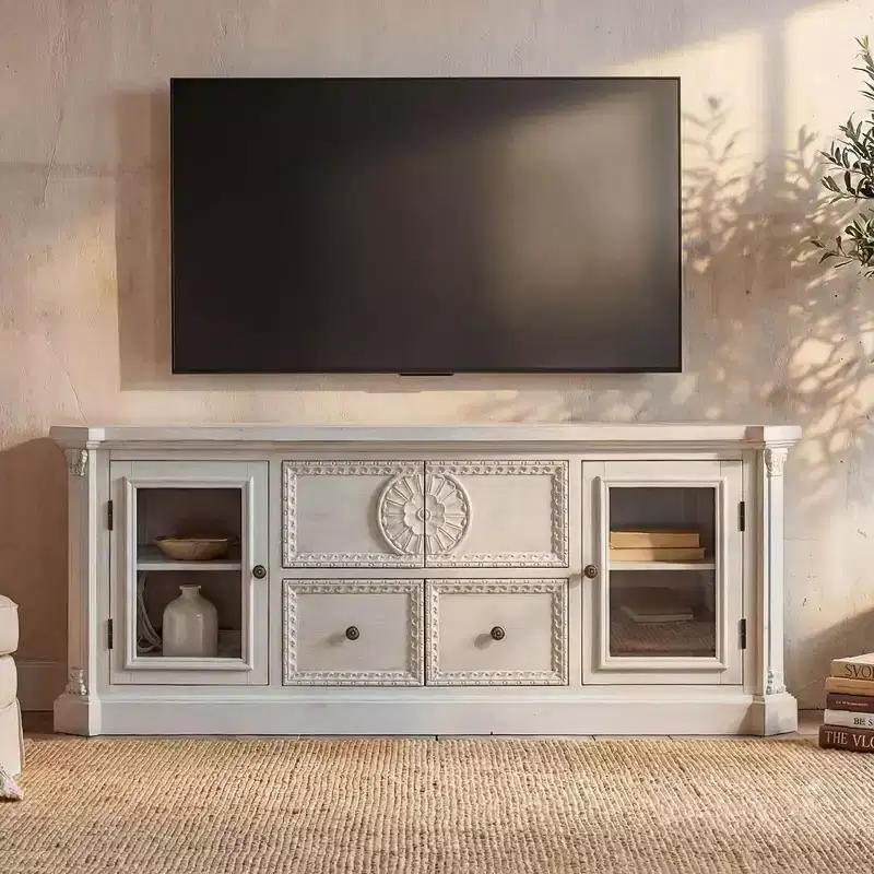 Homsee Pre-Assembled White Solid Wood TV Stand: Vintage Carved Details + Ready-to-Use Storage  Ornate Media Console for Living Rooms