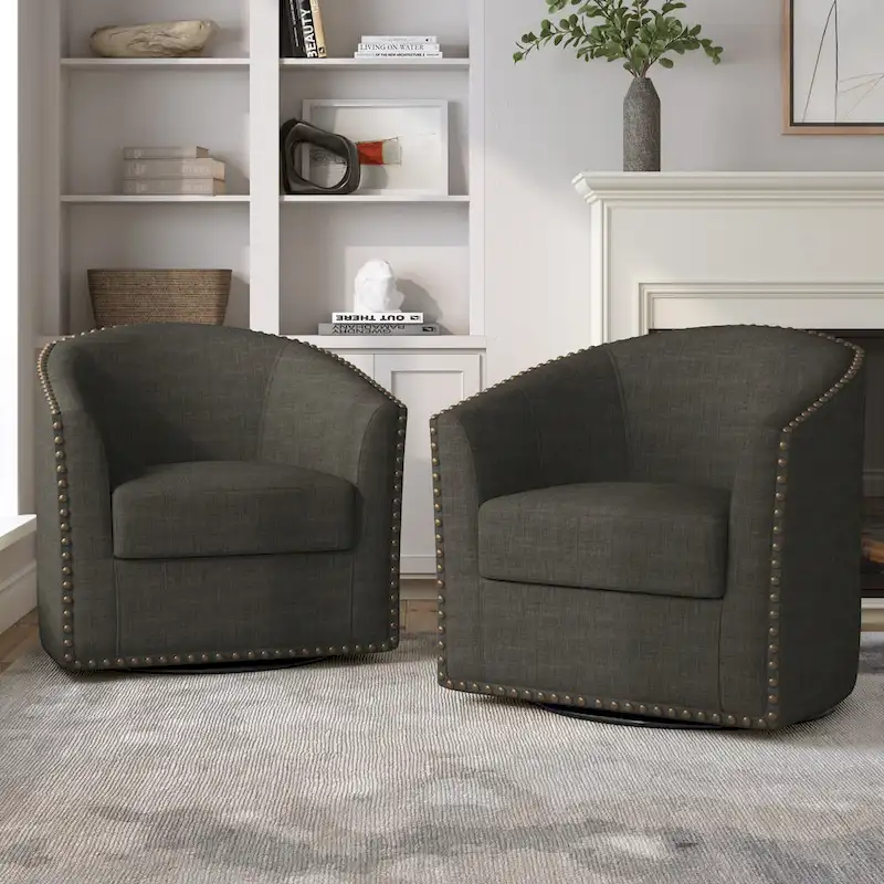 Upholstered Swivel Accent Chairs with Nailhead Trim, Set of 2