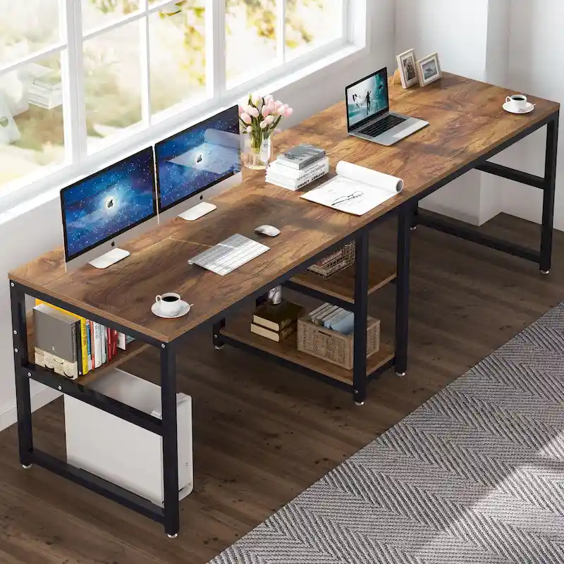 Rustic Brown Two Person Desk with Storage Shelves for Adults
