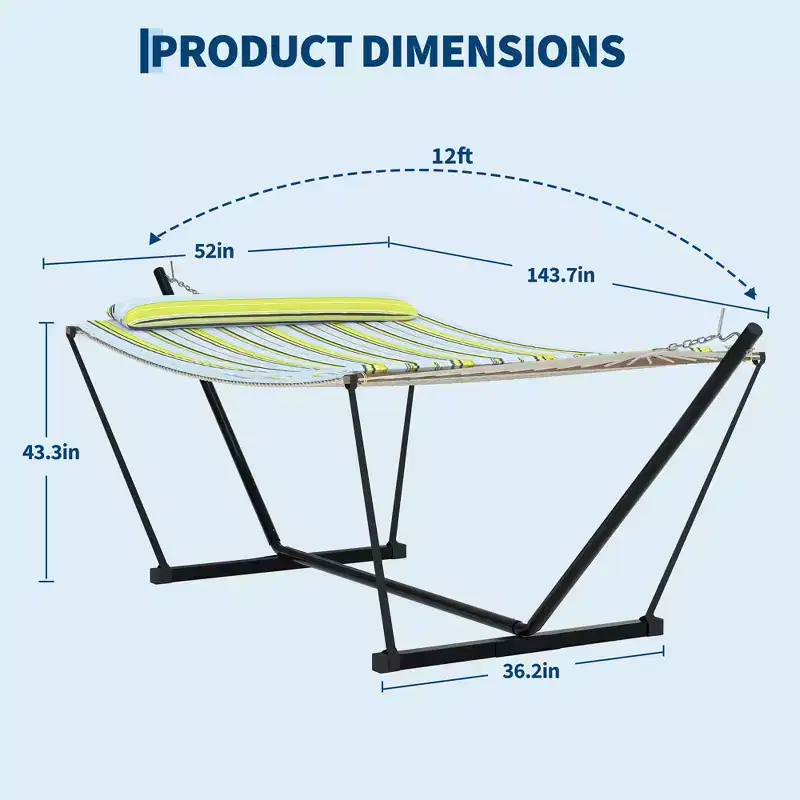 GustoWave 2 Person Portable Double Hammock for Outdoor with Pillow and Steel Stand for Patio, Garden, Beach, 143.7 x 52x43.3