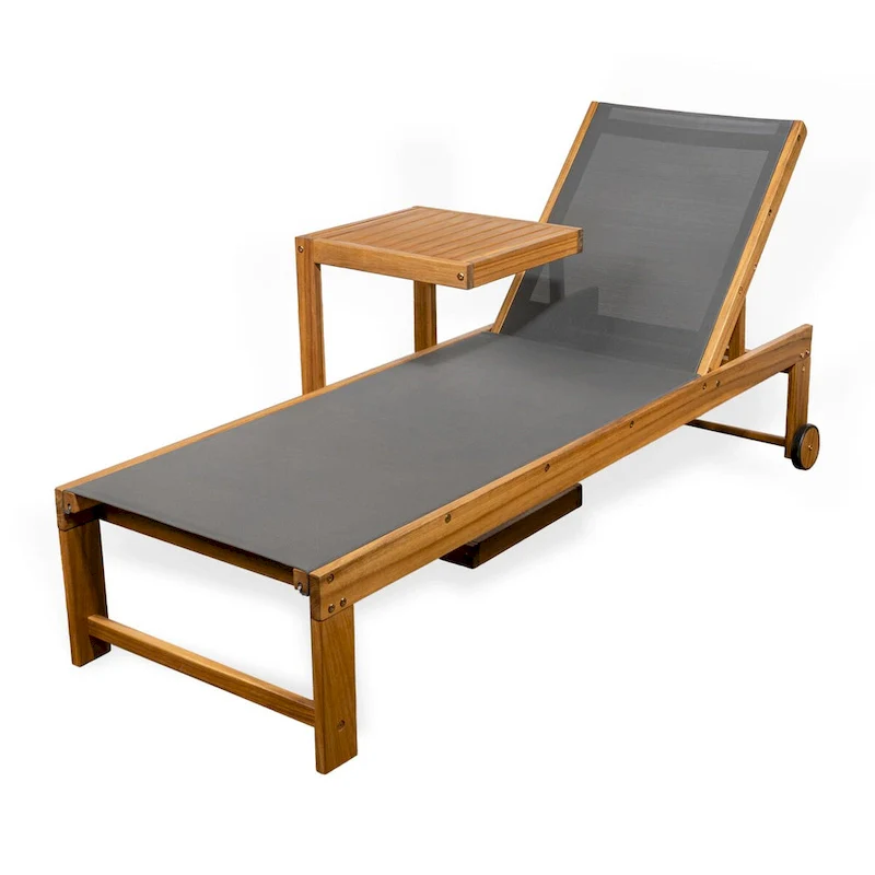Barclay Coastal Modern Acacia Wood Mesh 3-Position Outdoor Chaise Lounge Set with Side Table, by JONATHAN Y