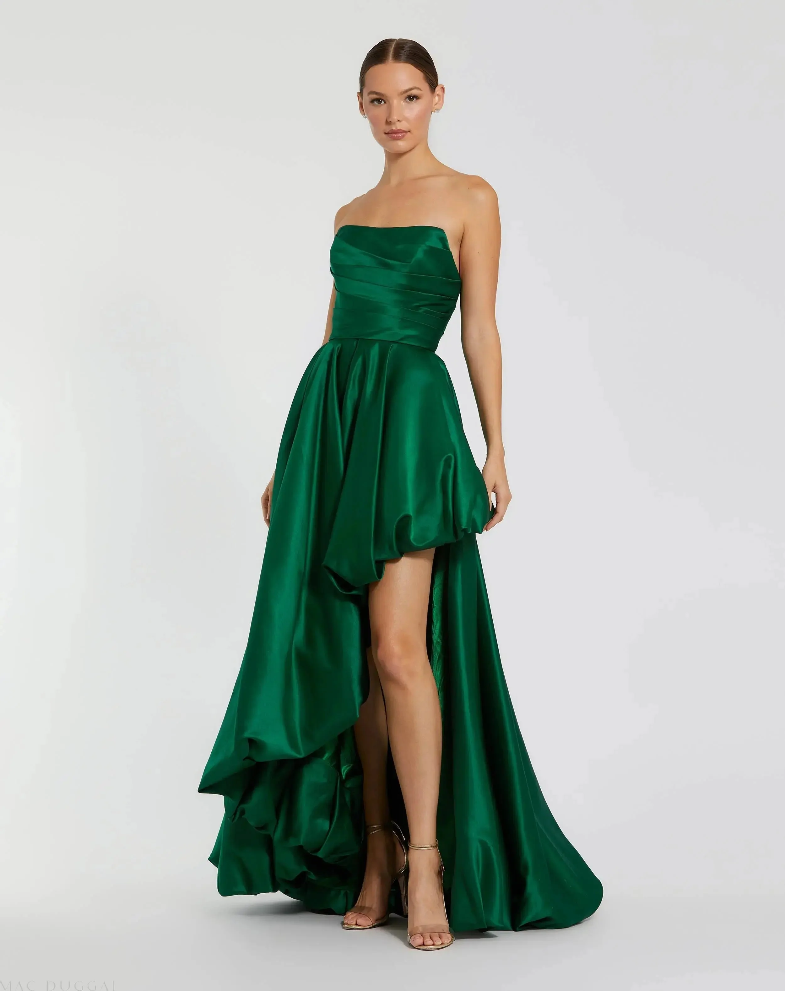 Green Strapless Ruched High Low Gown
