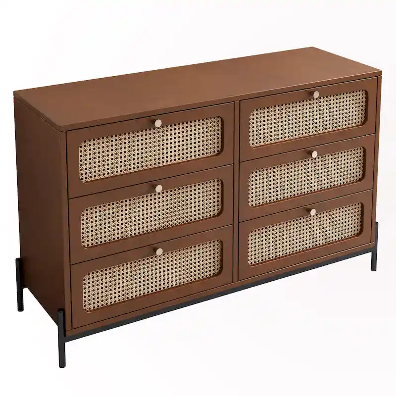 6-Drawer Rattan Wood Nightstand
