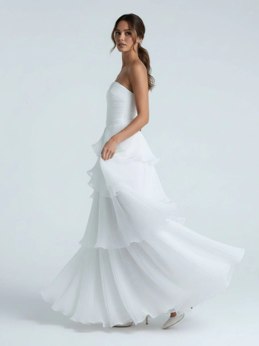 Cute A-Line  Chiffon Strapless Tiered Wedding Dresses