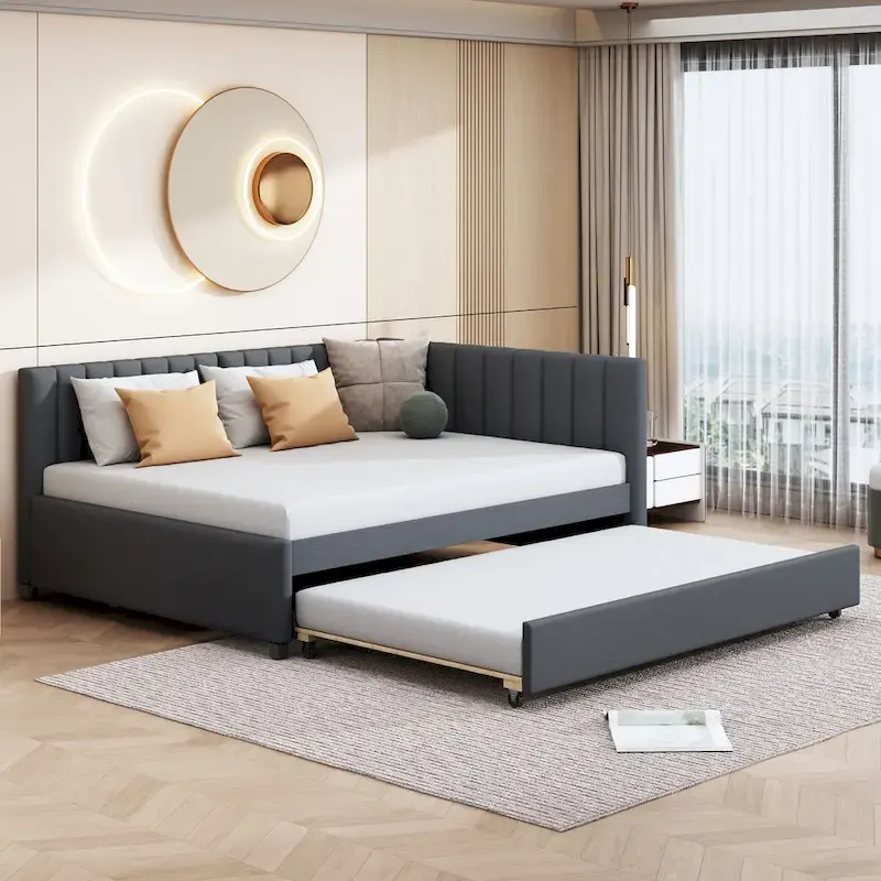 Gray Linen Full Size Upholstered Daybed with Twin Trundle – 2-Seater