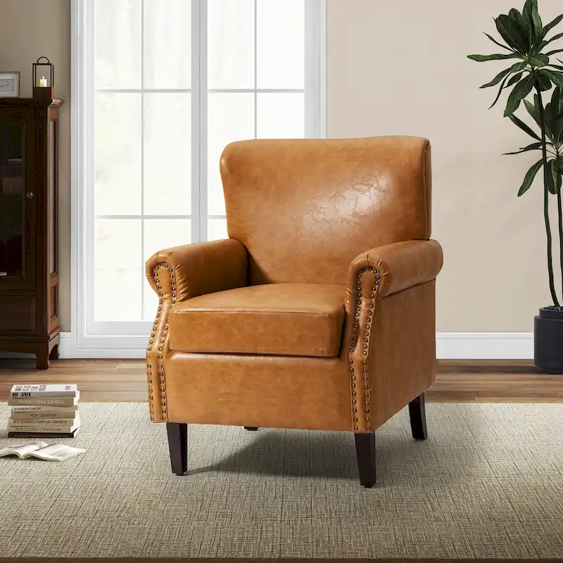 Levi Transitional Leather Armchair with Nailhead Trim Rolled Arms by HULALA HOME