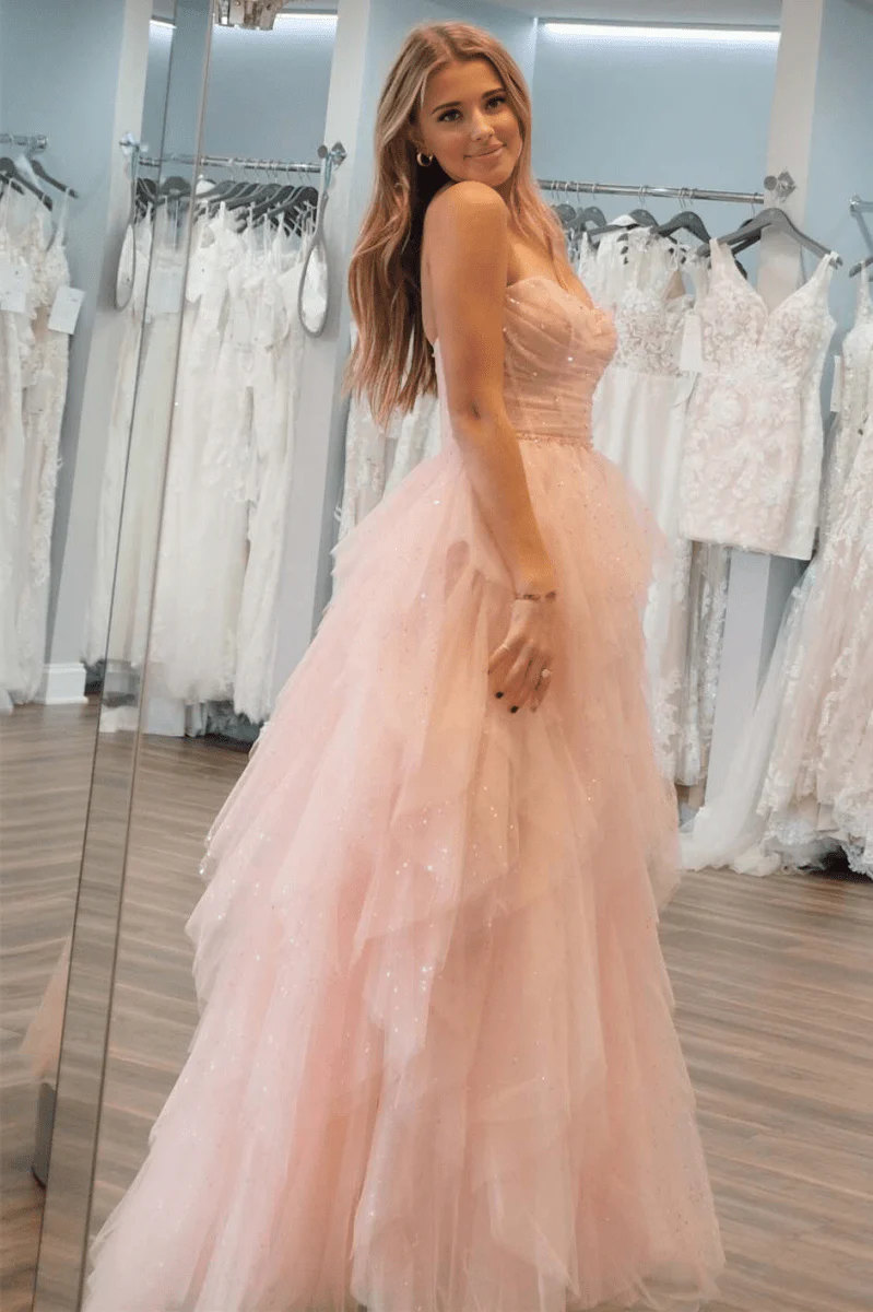 Strapless Blush Pink Sequin Beaded Ruffle Tulle Prom Dress