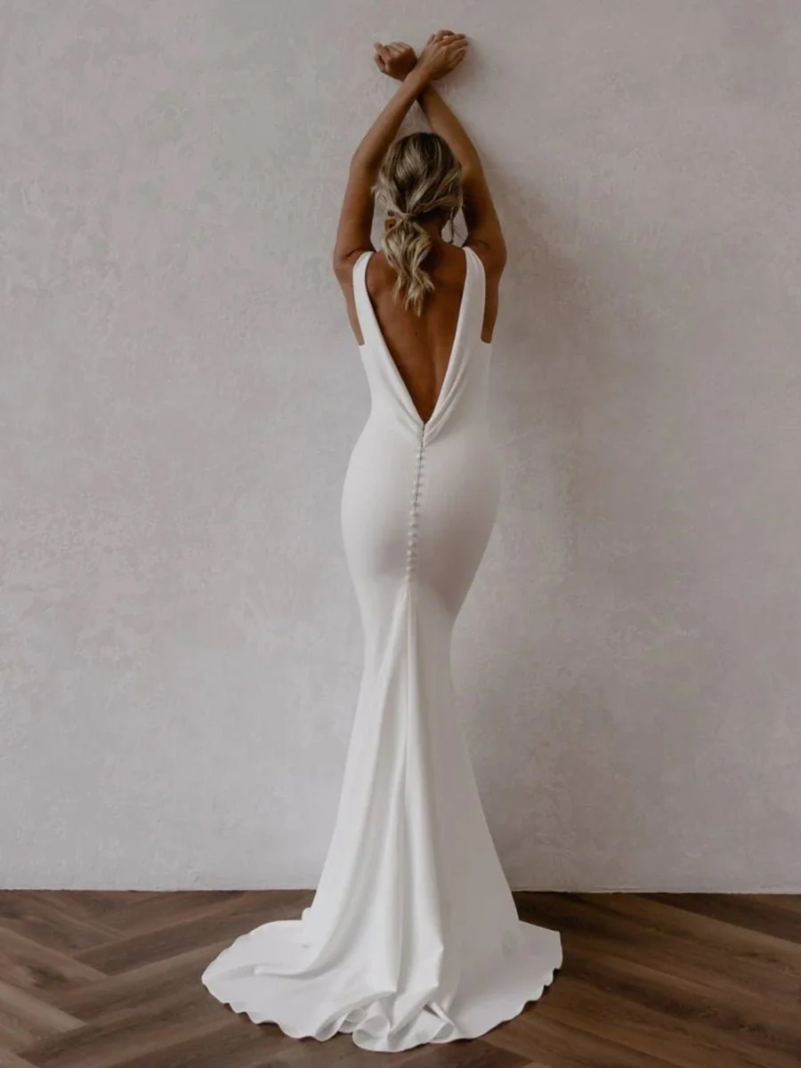 Mermaid Deep V-Neck Backless White Wedding Dress