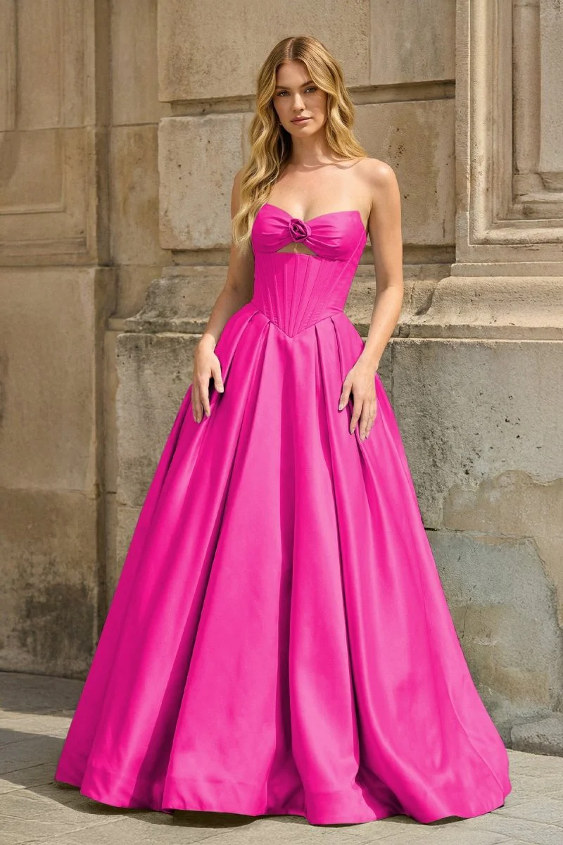 Pink Strapless A Line Pleated Satin Long Prom Dresses With Flower