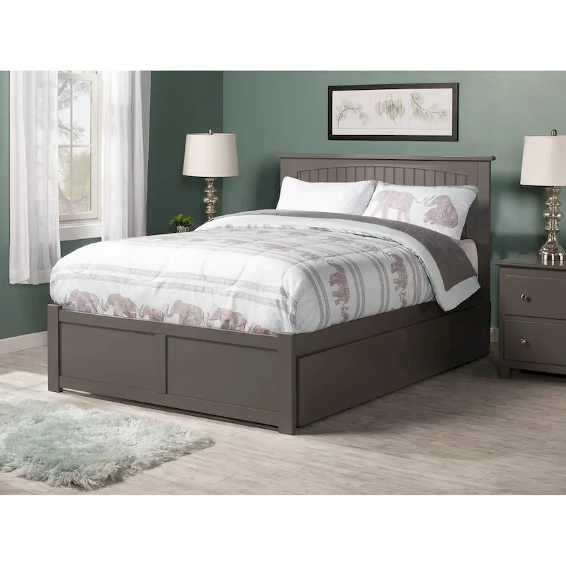Full Platform Bed with Footboard and 2 Storage Drawers in Grey