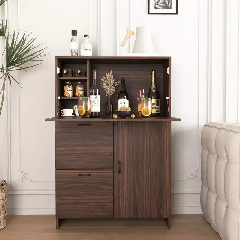Okak Storage Cabinet with 1 Door and 2 Drawers, Fold-up Desktop, Cabinet for Home, Office, Kitchen, Dormitory, Small Spaces