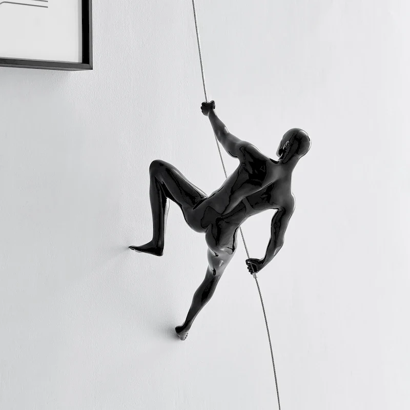 Climbing Man Glossy Black Resin Wall Sculpture - N/A