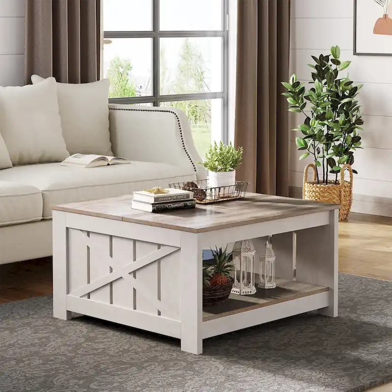 Grey / Light Brown Square 2-Tier Storage Coffee Table, Single
