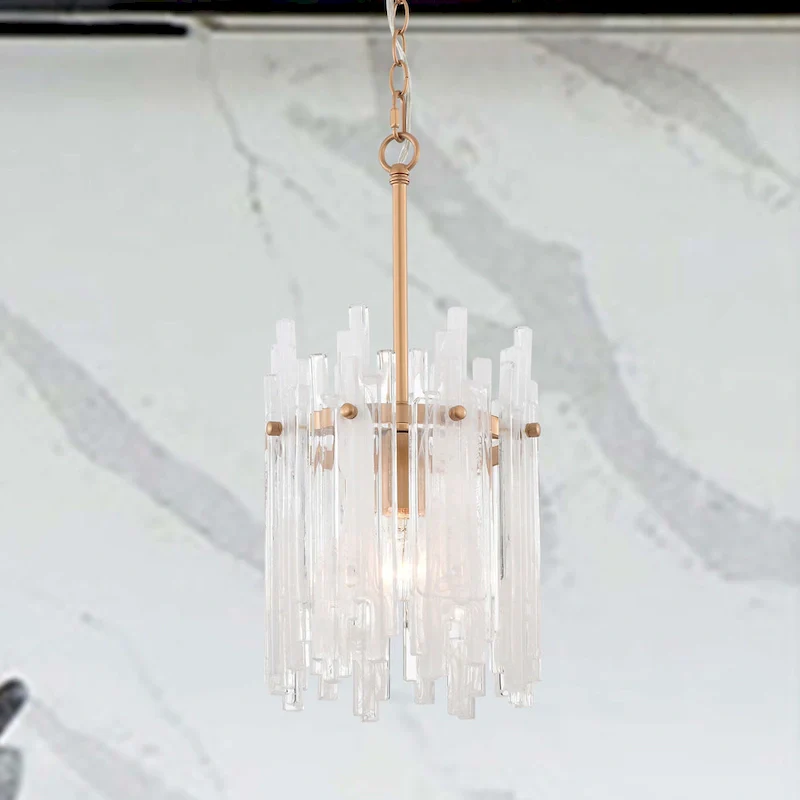 Casandra 1 Light Shiny Bronze Drum Pendant Chandelier with Clear Glass Bars - 8 inches in diameter x 17.9 inches H