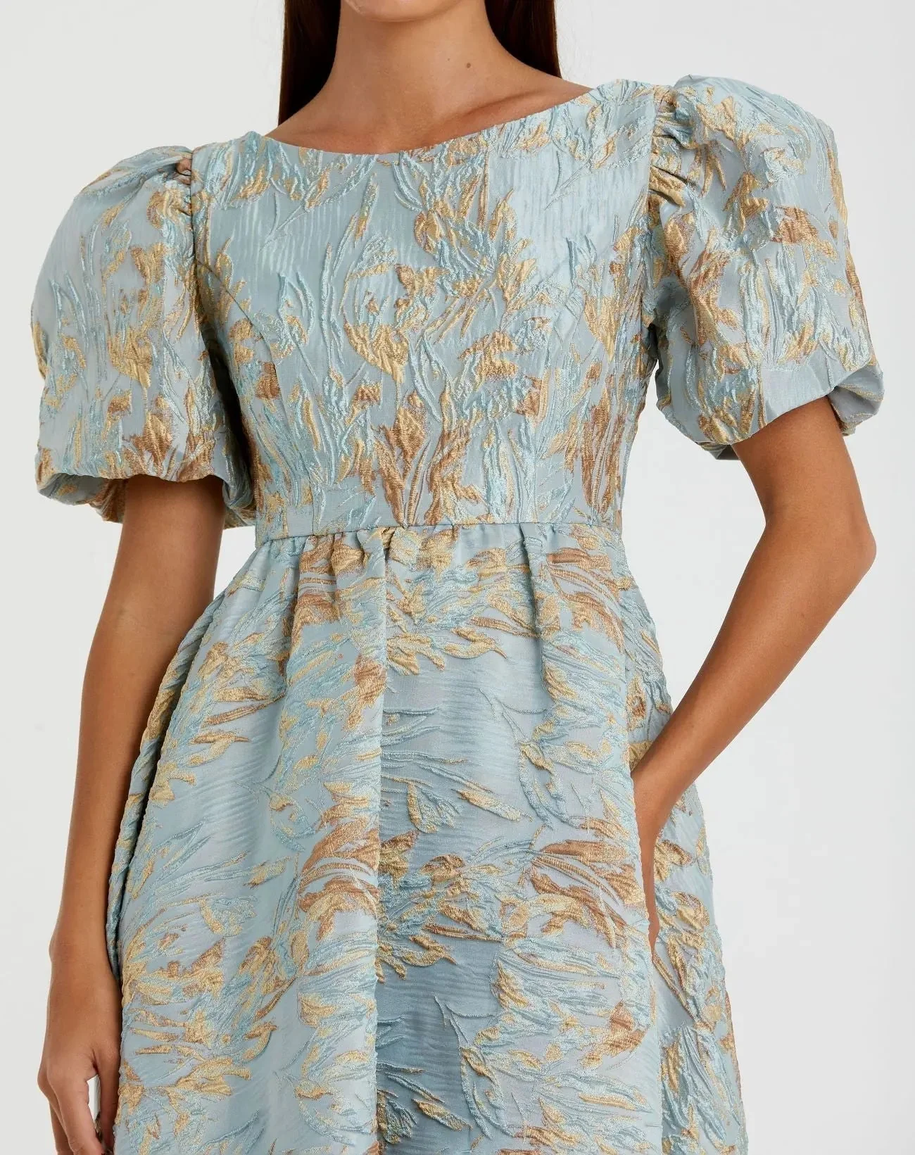 Blue Brocade Puff Sleeve High Low Gown