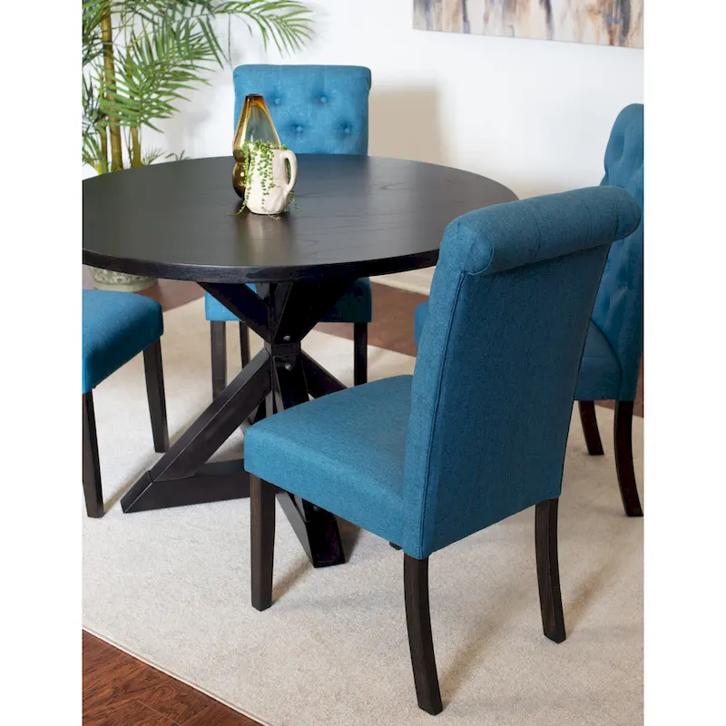 Modern Style 5-Piece Dining Set with Cross Base Round Table and 4 Button Tufted Linen Upholstered Chairs