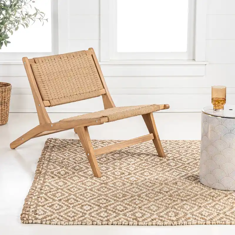 Mid-Century Modern Woven Seagrass Wood Armless Lounge Chair
