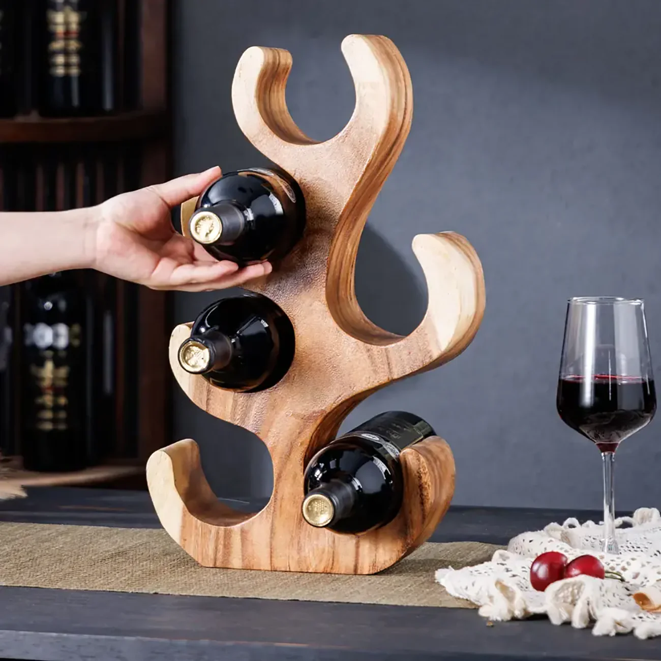 Solid Wood Tree Design Handcraftd Wine Rack Table Top