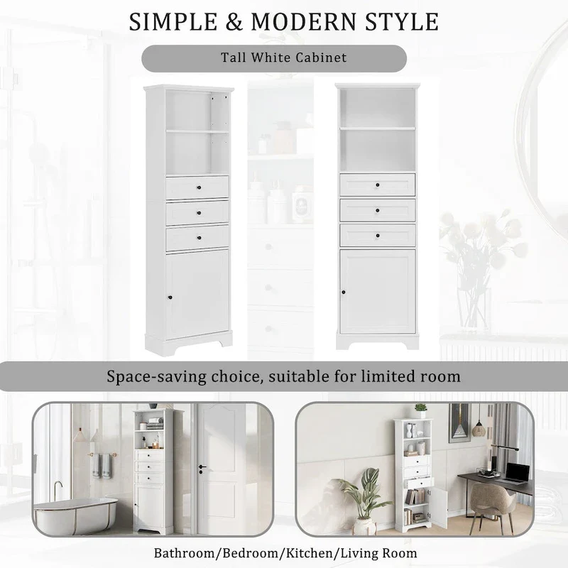 68 Tall Freestanding Bathroom Cabinet with 3 Drawers and Adjustable Shelves