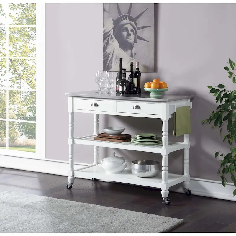 Convenience Concepts French Country 3 Tier Stainless Steel Kitchen Cart with Drawers