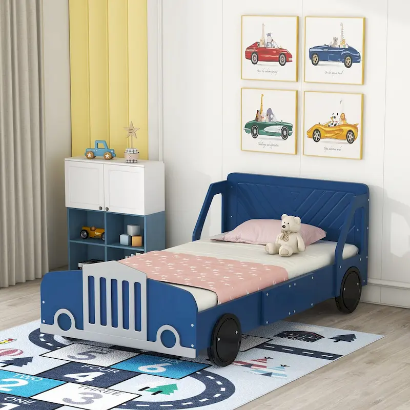 White / Gray / Blue Twin Car-Shaped Platform Bed, 2-Person Assembly