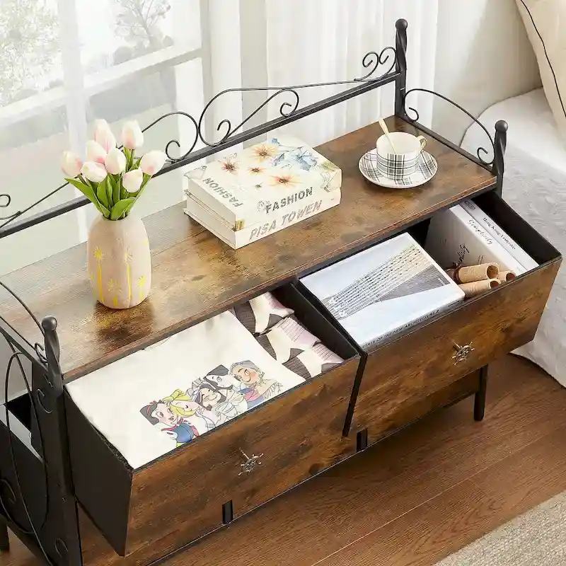 4-Pieces Bedroom Set with Drawer and Nightstands Set of 2, 5-Drawer Dresser, Brown/Grey Set