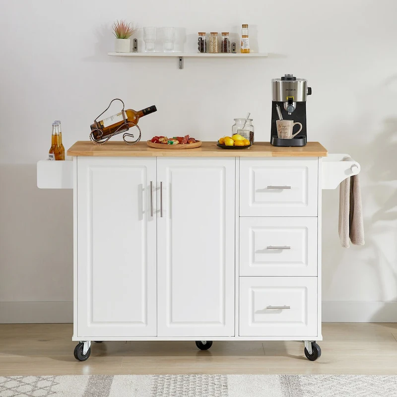 Kitchen Island with Drop Leaf Countertop and Rolling Cart
