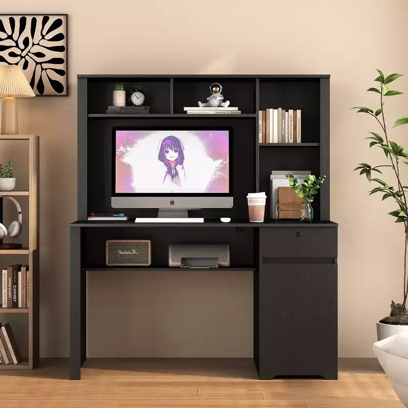 Okak 51.18IN Modern Computer Desk with Hutch and Bookshelf, Office Desk with Ample Storage, Writing Desk for Study, Reading Room