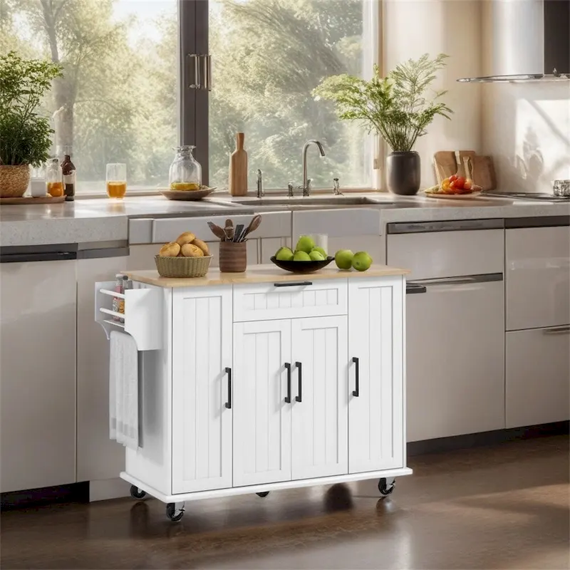 Kitchen Island on Wheels,Rolling Kitchen Cart with Rubberwood Top