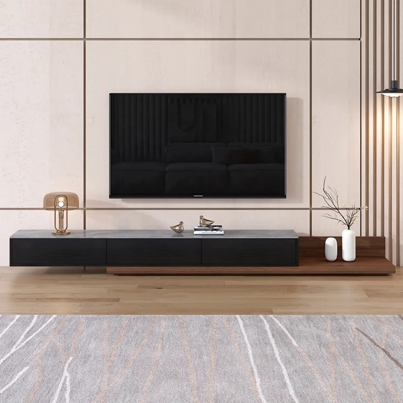 71 Walnut-Black Modern Stone TV Console with Drawers