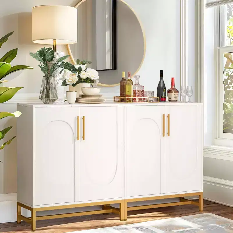 TUYOHW Modern Sideboard Buffet Cabinet with Faux Marble Top & Gold Metal Frame,4-Door Storage for Dining Room,Kitchen Coffee Bar Console