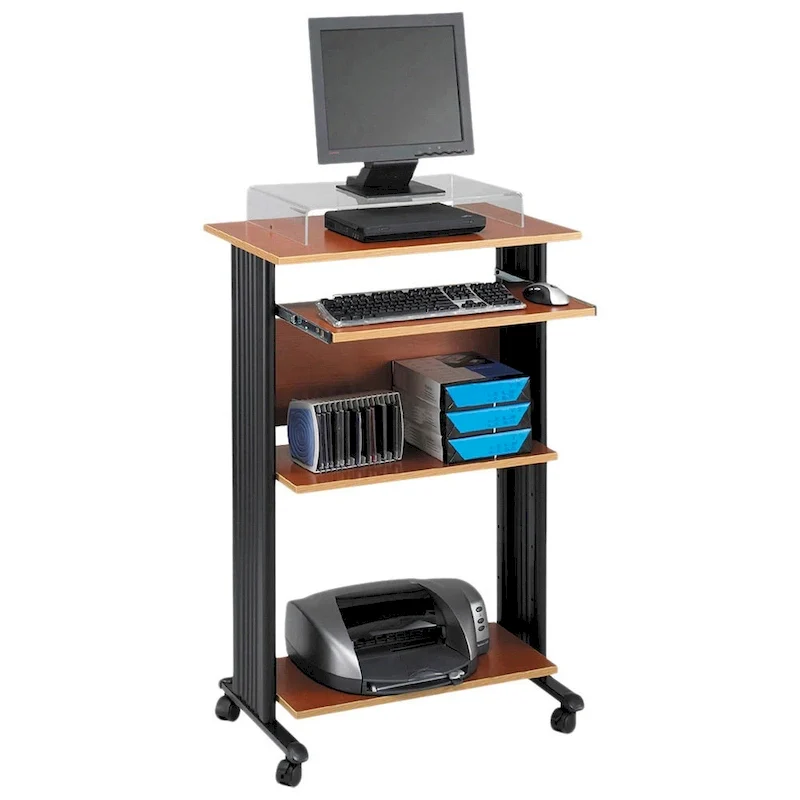 Brown / Cherry / Grey Mobile Standing Desk with Printer Storage — 1 Person