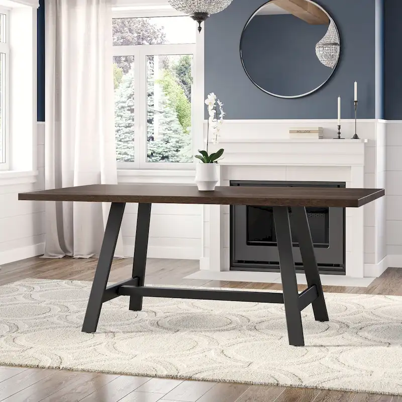 Solid Wood Dining Table with Metal Trestle Base