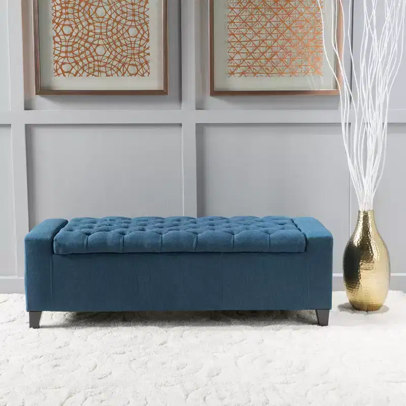 Okak Modern Storage Bench with Tufted Top Decorated, Storage Ottoman Bench with Ample Capacity, End Of Bed Bench for Bedroom, Navy Blue