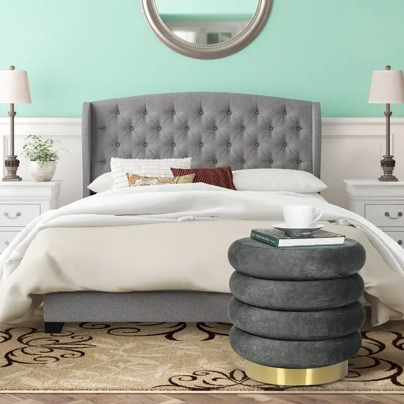 Adeco Round Velvet Ottoman Upholstered Foot Stool