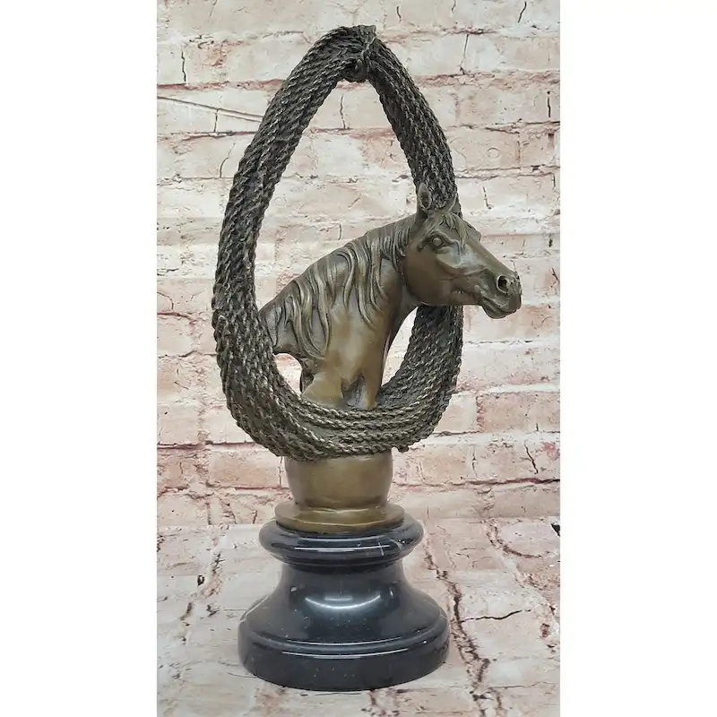 Bronze Horse Head With Braided Lo Sculpture On Marble Base