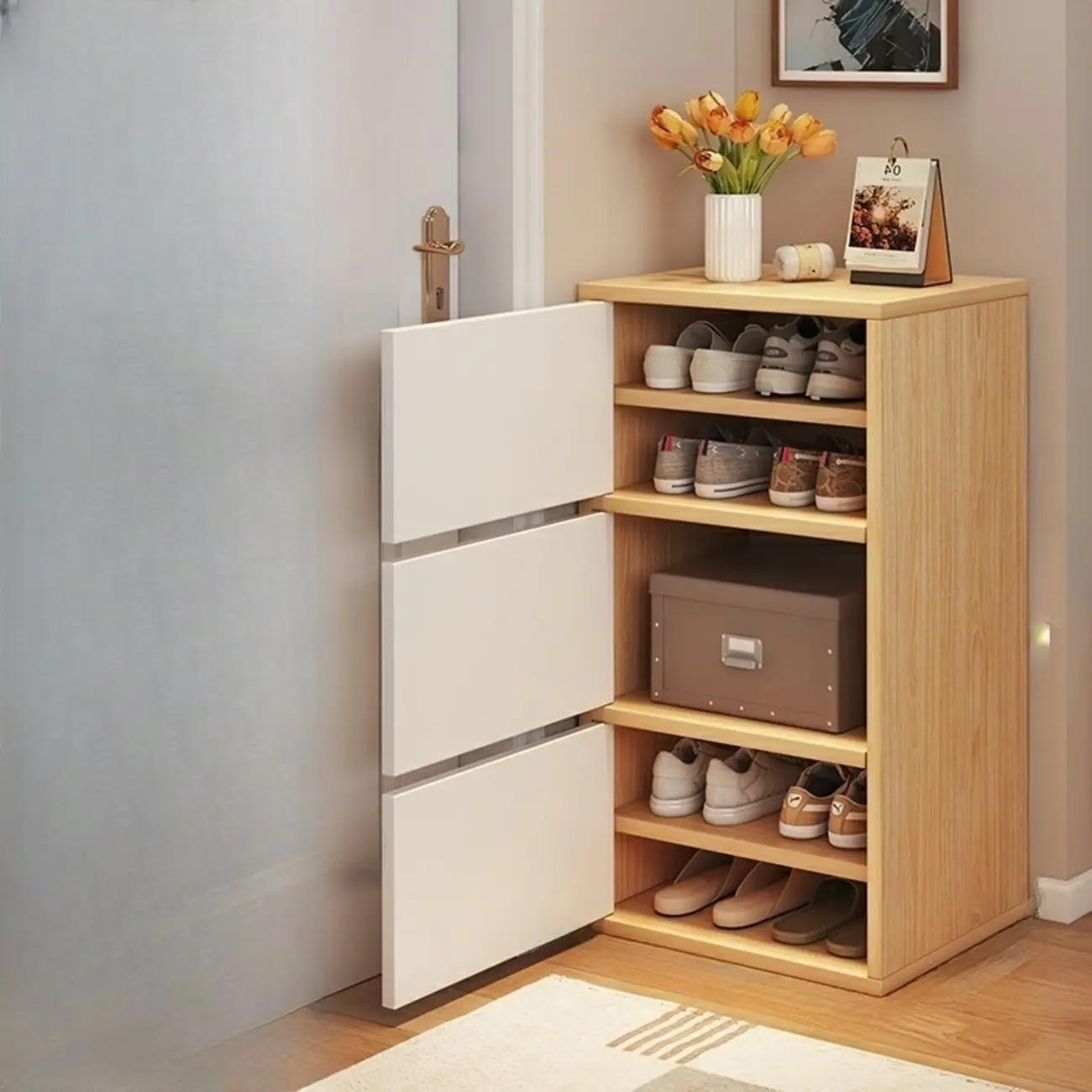 5-Tier Modern Oak Entryway Shoe Cabinet with Doors