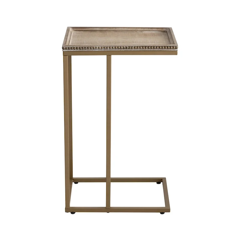 Distressed Wood C-Shaped End Table with Metal Base