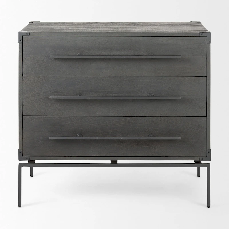 Ward Dark Brown Solid Wood w/ Black Iron Base 3 Drawer Accent Cabinet